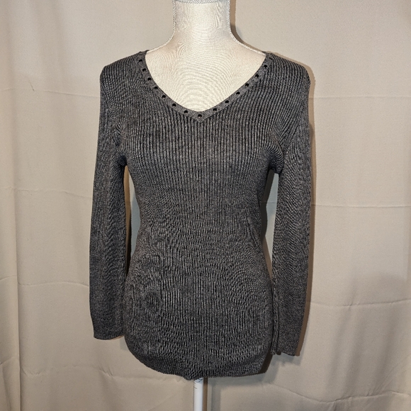 AJ Andrea Jovine Sweater. Gray with metal embellished neckline - Picture 2 of 6